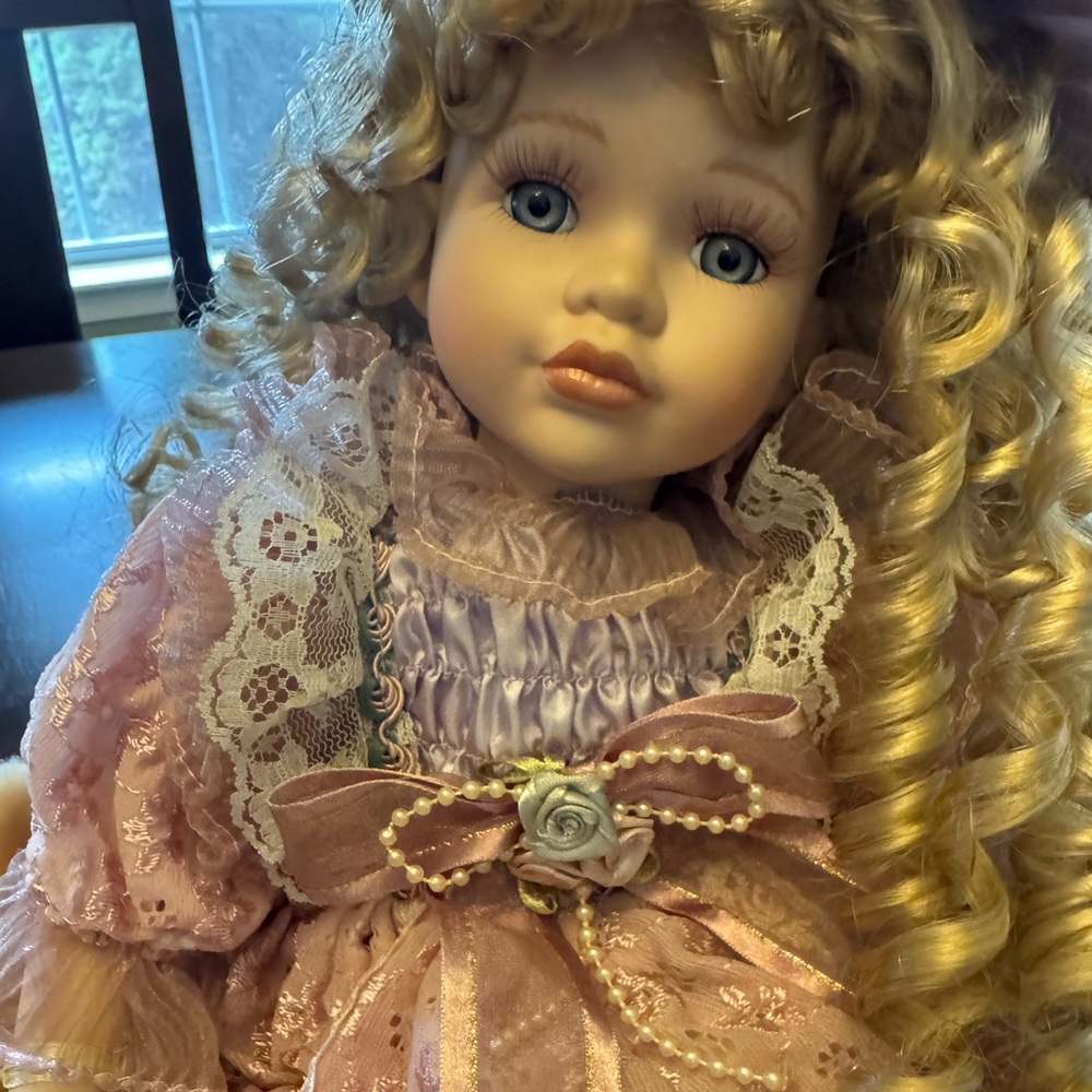 Elegant Pink Porcelain Doll with Lace Dress